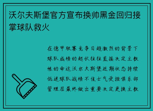 沃尔夫斯堡官方宣布换帅黑金回归接掌球队救火 沃尔夫斯堡官方宣布换帅黑金回归接掌球队救火